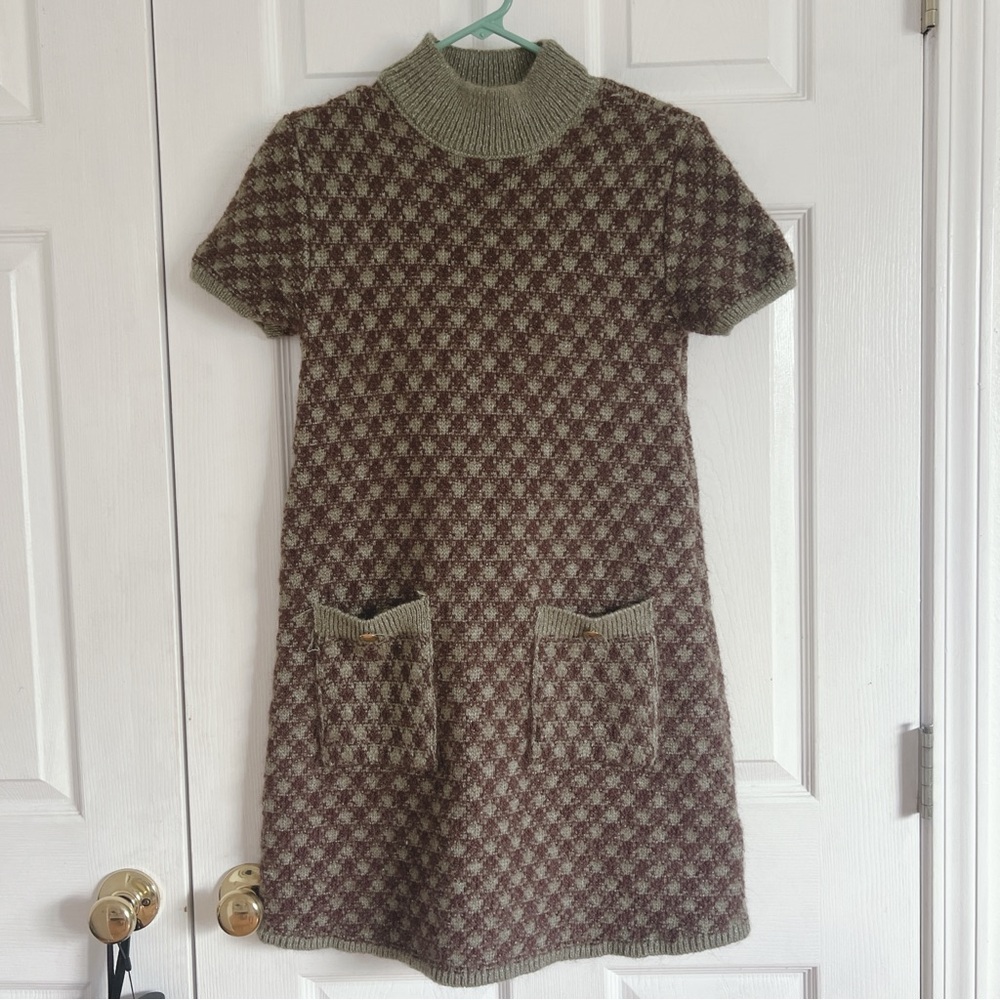 Zara Mock Neck Brown and Green Knit Sweater Dress with Pockets